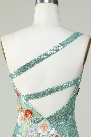 Robe de bal moulante asymétrique noire à sequins et perles, ornée de fleurs 3D