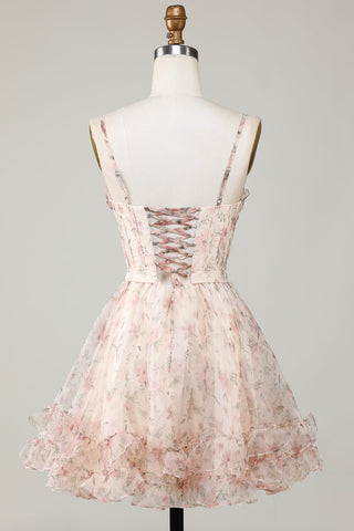Robe de bal courte champagne à corset trapèze et imprimé floral, avec laçage au dos.