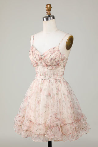 Robe de bal courte champagne à corset trapèze et imprimé floral, avec laçage au dos.