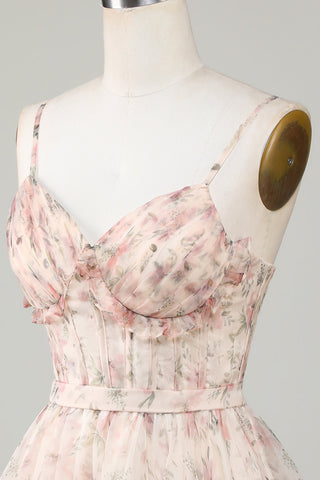 Robe de bal courte champagne à corset trapèze et imprimé floral, avec laçage au dos.