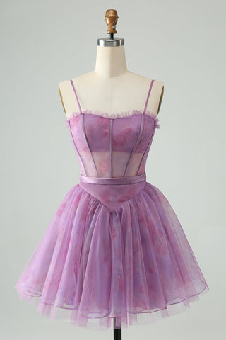 Robe courte violette à bretelles spaghetti et corset imprimé, coupe trapèze, mignonne, pour le bal de promo