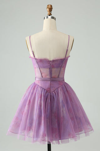 Robe courte violette à bretelles spaghetti et corset imprimé, coupe trapèze, mignonne, pour le bal de promo