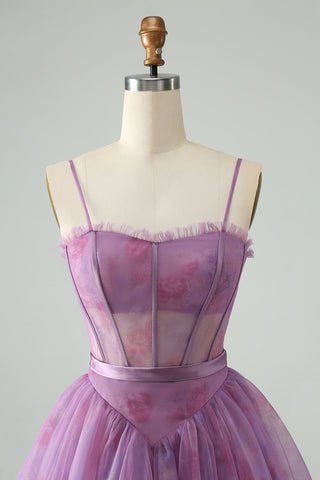 Robe courte violette à bretelles spaghetti et corset imprimé, coupe trapèze, mignonne, pour le bal de promo