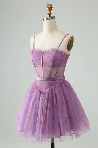 Robe courte violette à bretelles spaghetti et corset imprimé, coupe trapèze, mignonne, pour le bal de promo