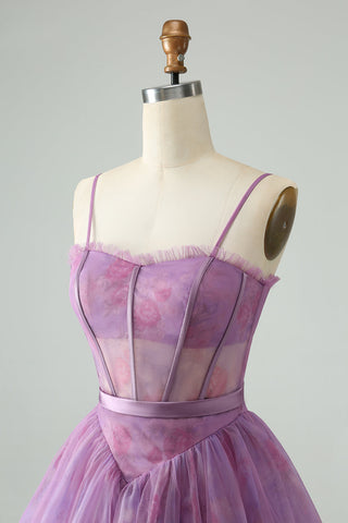 Robe courte violette à bretelles spaghetti et corset imprimé, coupe trapèze, mignonne, pour le bal de promo