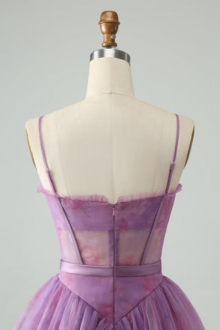 Robe courte violette à bretelles spaghetti et corset imprimé, coupe trapèze, mignonne, pour le bal de promo