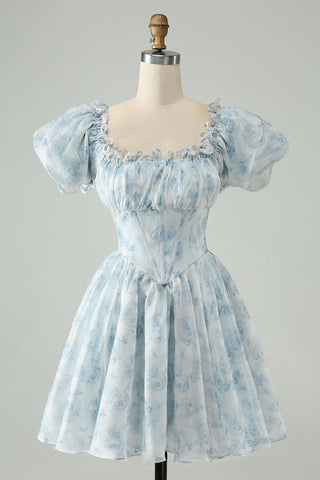 Robe courte de bal vert clair à col carré et imprimé floral, coupe trapèze et volants