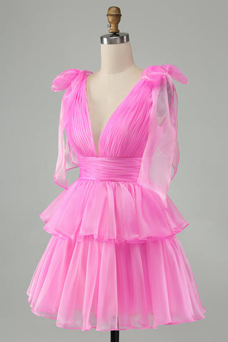 Robe courte rose fuchsia mignonne, trapèze, col V dos nu, plissée et à volants, style A-line, col V, robe de bal courte à volants et dos nu plissée.