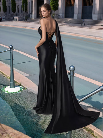 One Shoulder Lace Long Prom Dress With Drop Train