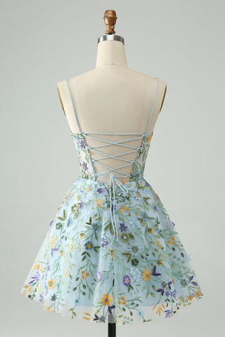 Robe de bal courte à bretelles spaghetti et corset bleu à fleurs et broderies