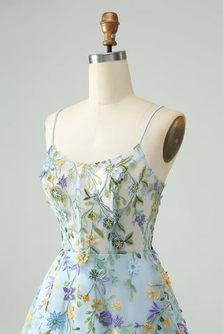 Robe de bal courte à bretelles spaghetti et corset bleu à fleurs et broderies
