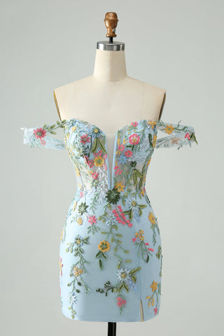 Robe de bal courte sirène à épaules dénudées et corset bleu fleuri brodé