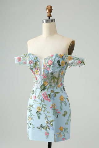 Robe de bal courte sirène à épaules dénudées et corset bleu fleuri brodé