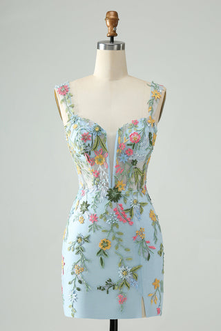 Robe de bal courte sirène à épaules dénudées et corset bleu fleuri brodé