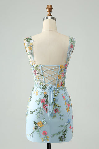 Robe de bal courte sirène à épaules dénudées et corset bleu fleuri brodé