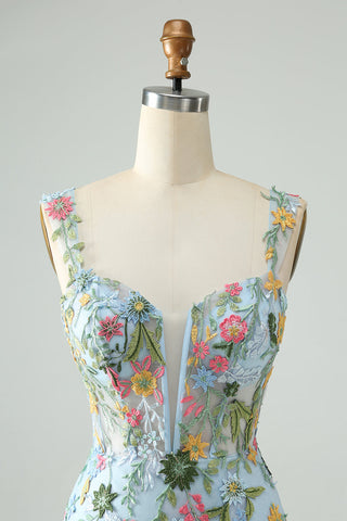 Robe de bal courte sirène à épaules dénudées et corset bleu fleuri brodé