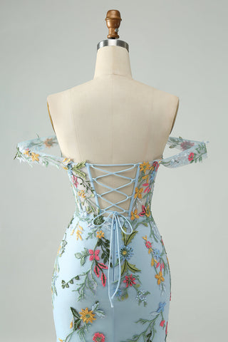Robe de bal courte sirène à épaules dénudées et corset bleu fleuri brodé
