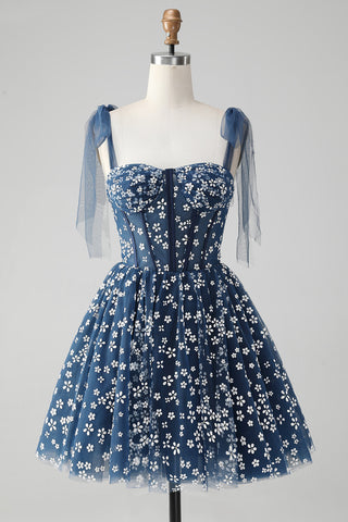 Robe courte bleu marine à bretelles spaghetti et imprimé corset, coupe trapèze, jolie robe de bal.