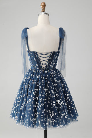 Robe courte bleu marine à bretelles spaghetti et imprimé corset, coupe trapèze, jolie robe de bal.
