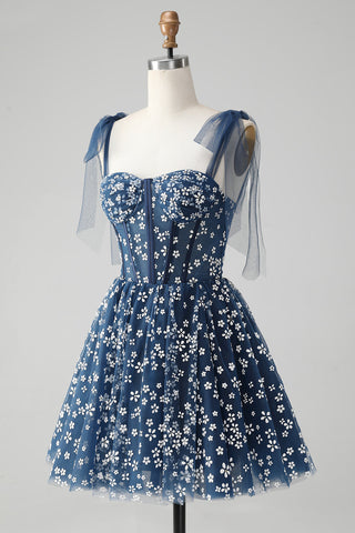 Robe courte bleu marine à bretelles spaghetti et imprimé corset, coupe trapèze, jolie robe de bal.