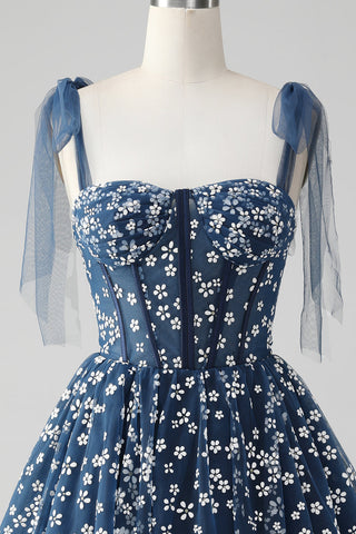 Robe courte bleu marine à bretelles spaghetti et imprimé corset, coupe trapèze, jolie robe de bal.