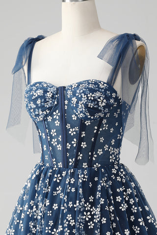 Robe courte bleu marine à bretelles spaghetti et imprimé corset, coupe trapèze, jolie robe de bal.