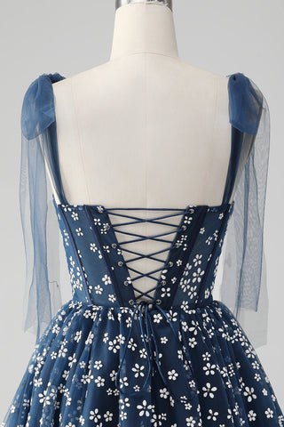 Robe courte bleu marine à bretelles spaghetti et imprimé corset, coupe trapèze, jolie robe de bal.
