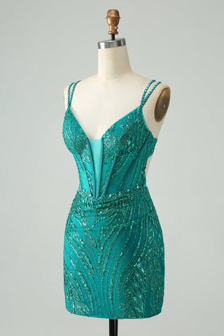Robe courte de bal élégante vert foncé moulante à fines bretelles et corset à sequins