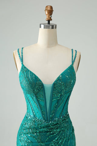 Robe courte de bal élégante vert foncé moulante à fines bretelles et corset à sequins