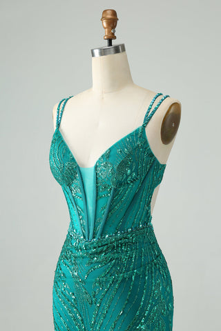 Robe courte de bal élégante vert foncé moulante à fines bretelles et corset à sequins