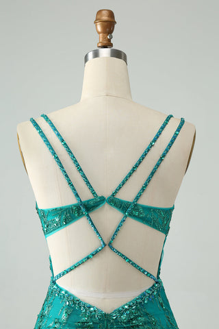 Robe courte de bal élégante vert foncé moulante à fines bretelles et corset à sequins