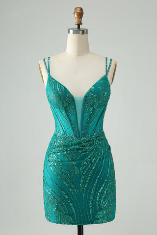 Robe courte de bal élégante vert foncé moulante à fines bretelles et corset à sequins