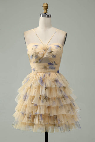 Robe courte jaune à fleurs imprimée à volants et dos nu, coupe trapèze, imprimé à volants, pour le bal de promo