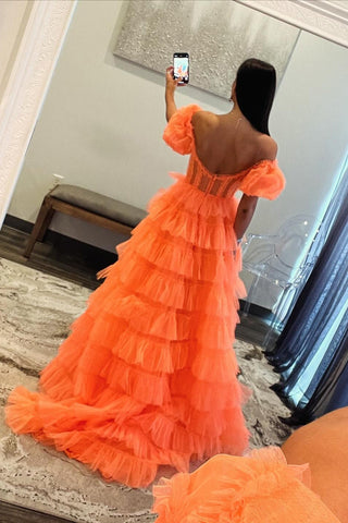 Off the Shoulder A-Line Tulle Tiered Long Corset Prom Dress with Slit