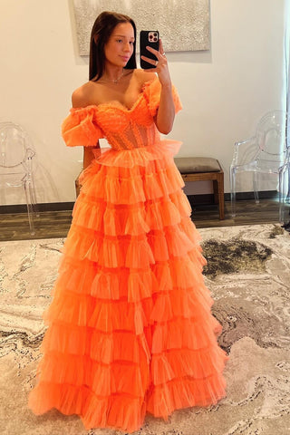 Off the Shoulder A-Line Tulle Tiered Long Corset Prom Dress with Slit