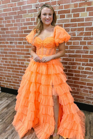 Off the Shoulder A-Line Tulle Tiered Long Corset Prom Dress with Slit