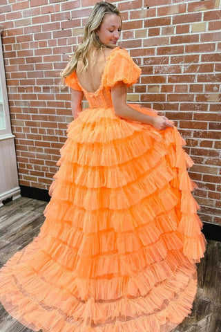 Off the Shoulder A-Line Tulle Tiered Long Corset Prom Dress with Slit