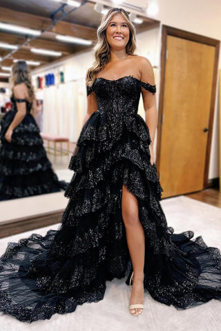 A-Line Off the Shoulder Tiered Long Corset Prom Dress with Slit