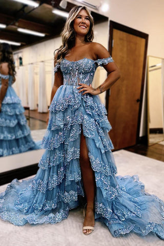 A-Line Off the Shoulder Tiered Long Corset Prom Dress with Slit
