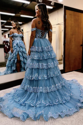 A-Line Off the Shoulder Tiered Long Corset Prom Dress with Slit