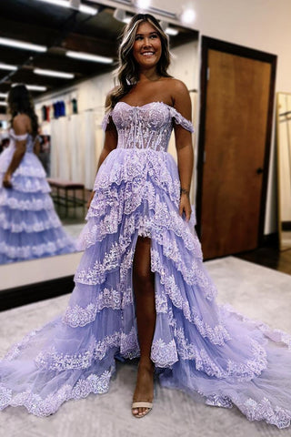 A-Line Off the Shoulder Tiered Long Corset Prom Dress with Slit