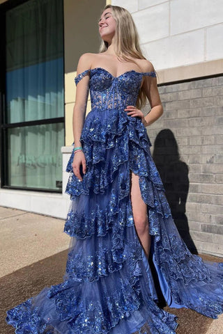 A Line Off the Shoulder Corset Prom Dress with Lace Ruffles
