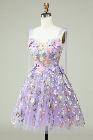 Robe de bal bleue à bretelles spaghetti et corset ornée de fleurs 3D