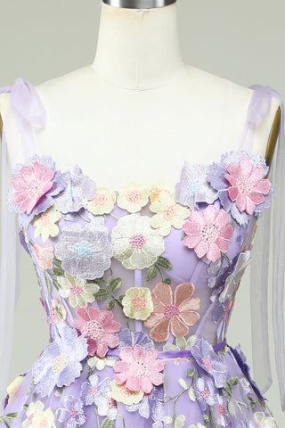 Robe de bal bleue à bretelles spaghetti et corset ornée de fleurs 3D
