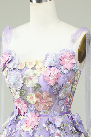 Robe de bal bleue à bretelles spaghetti et corset ornée de fleurs 3D