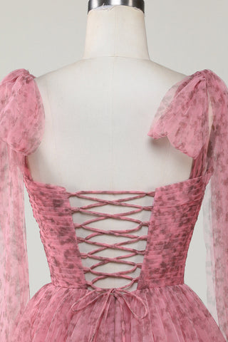 Vestido corto de tul estampado corte A color rubor