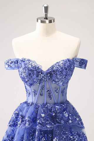 Robe de soirée courte bleu foncé scintillante à épaules dénudées et à volants avec corset et paillettes