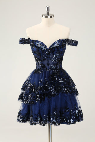 Robe de soirée courte bleu foncé scintillante à épaules dénudées et à volants avec corset et paillettes