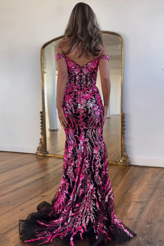 Sparkly  Off the Shoulder Mermaid Sequins Long Prom Dress with Slit