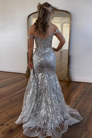Sparkly  Off the Shoulder Mermaid Sequins Long Prom Dress with Slit